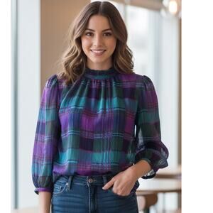 Vintage American plaid semi sheer ruffle blouse